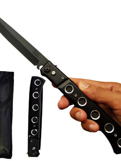 มีดสปริง มีดพับขนาด 12.1 นิ้ว (30.3 ซม.) มีปุ่มล็อคใบมีด พร้อมซองไนล่อนสำหรับเก็บมีด