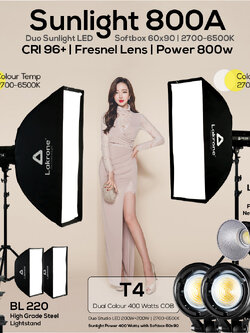 Sunlight 800A ชุดไฟคู่ถ่ายวีดีโอ Sunlight T4 ปรับสีได้ 2700 - 6500K ขาตั้งไฟ BL220 พร้อม Softbox 60x90