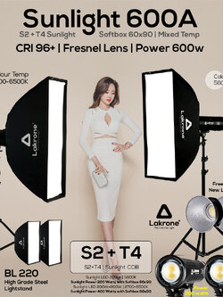 Sunlight 600A ชุดไฟคู่ถ่ายวีดีโอ Sunlight S2+T4 ขาตั้งไฟ BL220 พร้อม Softbox 60x90