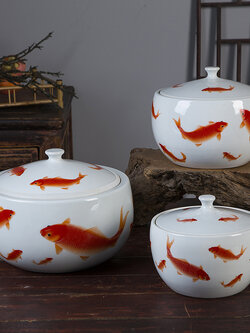 โถใส่ข้าว,ใส่อาหาร เนื้อเซรามิกขาวเขียนลายจีนสวยงาม