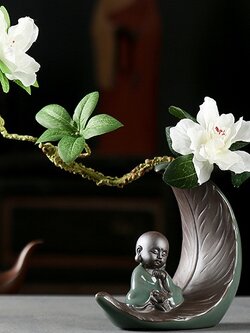 แจกันดอกพุดจีนพร้อมตุ๊กตาเณรน้อย รูปแบบสวยงามสไตล์จีน ดินเผาคุณภาพสูงจากประเทศจีน