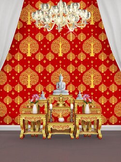 ลายต้นโพธิ์ สีเหลืองทอง พื้นหลังสีแดง