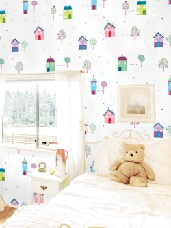 HWP-21496 Wallpaper Sticker วอลล์เปเปอร์ไวนิลแบบมีกาวในตัว ลายบ้านหลากสี หน้ากว้าง 100 cm