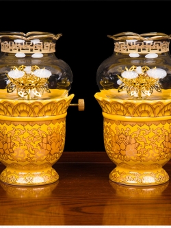 ตะเกียงน้ำมันเซลามิกลงลายดอกบัว สำหรับจุดบูชาพระ,เทพเจ้า,พระโพธิสัตว์ นำเข้าจากประเทศจีนแท้