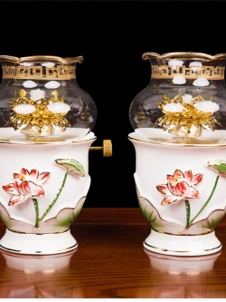 ตะเกียงน้ำมันเซลามิกลงลายดอกบัว สำหรับจุดบูชาพระ,เทพเจ้า,พระโพธิสัตว์ นำเข้าจากประเทศจีนแท้