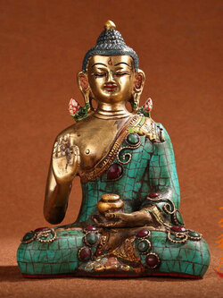 พระพุทธรูปพุทธศิลป์ทิเบต ทองเหลืองแต่งหินเนปาลโบราณ