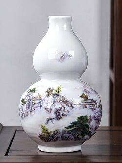 แจกันเซรามิก"น้ำเต้าเรียกทรัพย์"เขียนลายจีนโบราณ สำหรับปรับฮวงจุ้ยบ้าน โต๊ะทำงาน