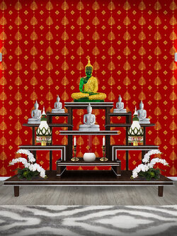 ลายใบโพธิ์ สีเหลืองทอง พื้นหลังสีแดง