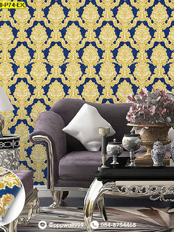 วอลล์เปเปอร์ลายหลุยส์ สีทอง น้ำเงิน