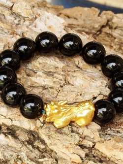 ข้อมือปี่เซี๊ยะเรียกทรัพย์ ลูกปัดหินธรรมชาติ Black Agate ขนาด 14 มิล ข้อมือ 15-18 เซน