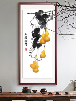 #ภาพวาดพู่กันจีน ภาพน้ำเต้ามงคล พร้อมกระจก,กรอบไม้(คละสี) ขนาด 60x120 cm.