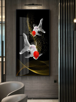 #ภาพพิมพ์ปลามงคลสไตล์จีน กรอบอะลูมินัมอัลลอยขนาด 60x120 cm. /ไม่มีกระจก