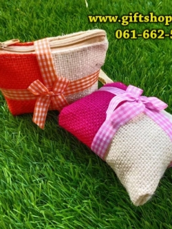 กระเป๋าสตางค์ผ้ากระสอบ สีทูโทนผูกโบว์ ของชำร่วยถูก