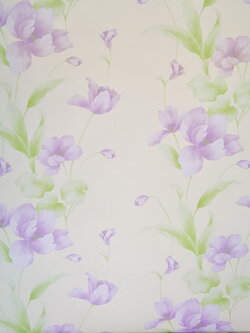 GP-11510 Wallpaper Vinyl วอลล์เปเปอร์แบบมีกาวในตัว ดอกไม้สีม่วง พื้นสีครีม มี glitter กากเพชร หน้ากว้าง 100 cm