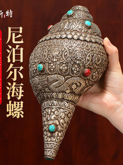 หอยสังข์อินเดียสีขาวแต่งเครื่องเงินทิเบตทั้งชิ้น สำหรับใช้ในพิธีกรรมทางศาสนา ขนาด 27.5 cm.