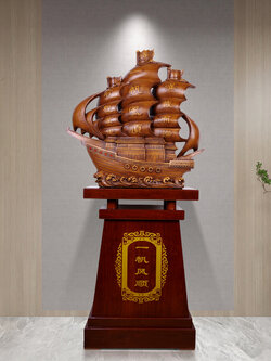 เรือสำเภาจีนงานเรซิ่นลายไม้แกะสลักลายเหมือนจริง พร้อมฐานวาง(ขนาดใหญ่)