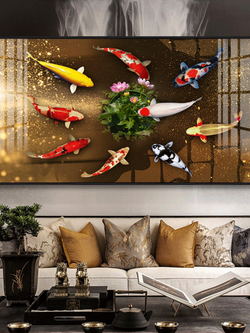 #ภาพพิมพ์ปลามงคลสไตล์จีน กรอบอะลูมินัมอัลลอยขนาด 60x120 cm. /ไม่มีกระจก