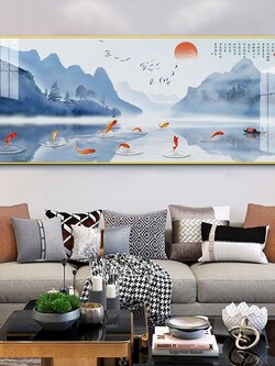 #ภาพวาดธรรมชาติ,ปลามงคลสไตล์จีน รูปแบบร่วมสมัย ขนาด 50x125 cm. กรอบรอยไม่มีกระจก