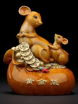 หนูขนถุงทองเข้าบ้าน ทองเหลืองลงสี เครื่องประดับปรับฮวงจุ้ยเสริมดวงการเงิน การค้า