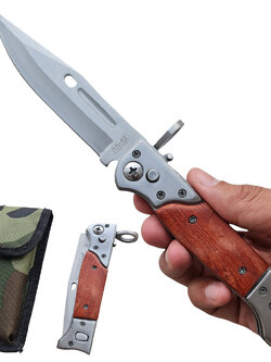 มีดสปริง มีดพับสปริง มีดพกด้ามไม้ขนาด 8.7 นิ้ว (22 ซม.) พร้อมซองมีดร้อยเข็มขัดสำหรับเก็บมีด