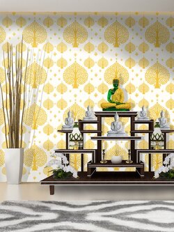 ลายต้นโพธิ์ สีเหลืองทอง พื้นหลังสีขาว