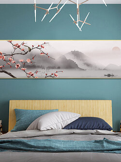 #ภาพวาดพู่กันจีน ภาพพิมพ์สีน้ำบนผ้าใบพร้อมกรอบไม้(คละสี) ขนาด 30x120 cm.