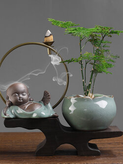 ที่วางกำยานกระถางบอนไซพร้อมตุ๊กตาเณรน้อย รูปแบบสวยงามสไตล์จีน