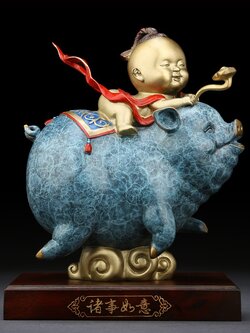 หมูสมปรารถนา ทองเหลืองลงสี เครื่องประดับปรับฮวงจุ้ยเสริมดวงการเงิน การค้า