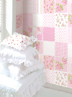 MPS-45 วอลล์เปเปอร์ไวนิล แบบมีกาวในตัว ลายตารางสลับดอกไม้สีชมพูแนววินเทจ หน้ากว้าง 100 cm