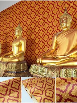 วอลเปเปอร์ลายไทย ลายดอกประจำยาม สีทองพื้นแดง