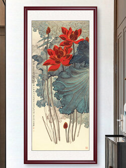 #ภาพวาดพู่กันจีน ภาพวาดดอกบัว พร้อมกระจก,กรอบไม้(คละสี) ขนาด 60x120 cm.