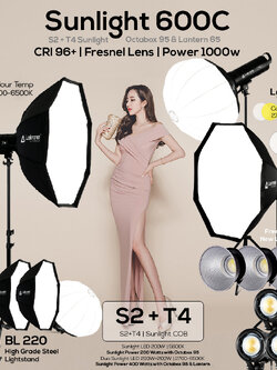 Sunlight 600C ชุดไฟสามต่ำแหน่งถ่ายวีดีโอ Sunlight S2+T4 ขาตั้งไฟ BL220 พร้อม Octabox 95 และ Lantern 65