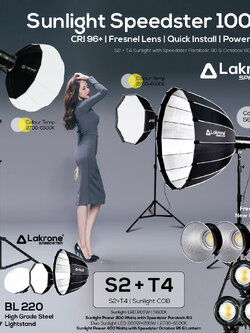 Speedster Sunlight 1000A ชุดไฟสามต่ำแหน่งถ่ายวีดีโอ Sunlight T4 + S2 ปรับสีได้ 2700 - 6500K ขาตั้งไฟ BL220 พร้อม Speedster Parabolic 90 & Octabox 60 และ Lantern 65