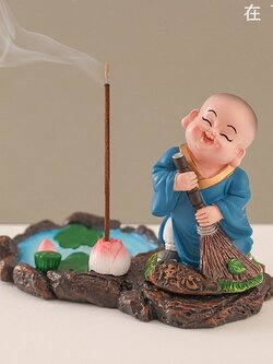 ตุ๊กตาเณรน้อยอารมณ์ดี กระปุกกำยานลายดอกบัวแบบจีน สำหรับจุดบูชา,สวดมนต์