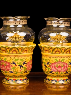 ตะเกียงน้ำมันเซลามิกลงลายดอกบัว สำหรับจุดบูชาพระ,เทพเจ้า,พระโพธิสัตว์ นำเข้าจากประเทศจีนแท้