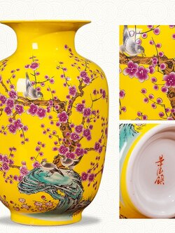 แจกันเซรามิกเหลืองเขียนลายจีนโบราณ สำหรับจัดดอกไม้ ตั้งโชว์ ปรับฮวงจุ้ยบ้าน โต๊ะทำงาน