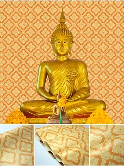 วอลเปเปอร์ลายไทย ลายดอกประจำยาม สีทองพื้นเหลือง