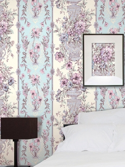 GP-11501 Wallpaper Vinyl วอลล์เปเปอร์แบบมีกาวในตัว ลายแจกันวินเทจสีฟ้าม่วง มี glitter กากเพชร หน้ากว้าง 100 cm