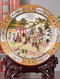 จานเซรามิกมงคลเขียนลายจีนโบราณ สำหรับตั้งโชว์ ปรับฮวงจุ้ยบ้าน โต๊ะทำงาน/ขนาด 25 cm.