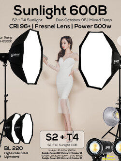 Sunlight 600B ชุดไฟคู่ถ่ายวีดีโอ Sunlight S2+T4 ขาตั้งไฟ BL220 พร้อม Octabox 95