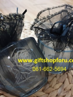 ของชำร่วยงานศพ แก้วใสห่อผ้าดำ