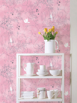 DPS-37 วอลล์เปเปอร์ไวนิล แบบมีกาวในตัว ลายเส้นวาดภาพไม้เลื้อย+กรงนกโทนชมพู หน้ากว้าง 100 cm