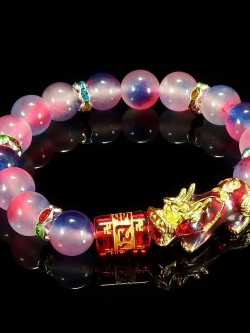 สร้อยข้อมือปี่เซี๊ยะ หินเกล็ดมังกรสีชมพูอมม่วง,น้ำเงิน ขนาด 10 มล.