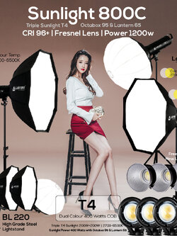 Sunlight 800C ชุดไฟสามต่ำแหน่งถ่ายวีดีโอ Sunlight T4 ปรับสีได้ 2700 - 6500K ขาตั้งไฟ BL220 พร้อม Octabox 95 และ Lantern 65
