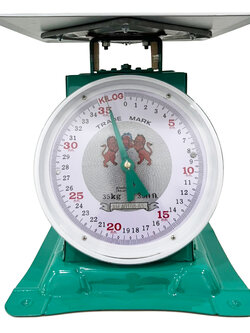 เครื่องชั่งสปริง ตราสิงห์คู่ระฆัง ตัวถังเหล็ก พิกัด 35 กก. จานแบน