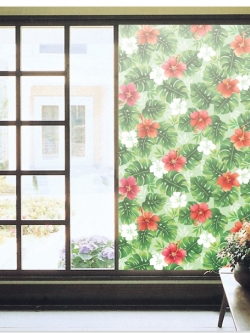 WS-19 Window sheet สติ๊กเกอร์ฝ้าติดกระจก ลายดอกชบาสีแดง หน้ากว้าง 92 cm