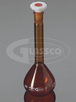 ขวดปรับปริมาตรสีชา: Amber Volumetric Flask with PP Stopper White scale Class AS with Batch Certificate